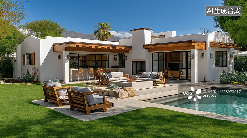 【AI数字艺术】现代风格住宅后院泳池景观图片素材