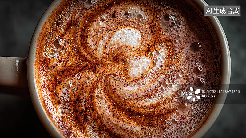 【AI数字艺术】摩卡慕斯拉花咖啡杯高角度生活方式背景图片素材