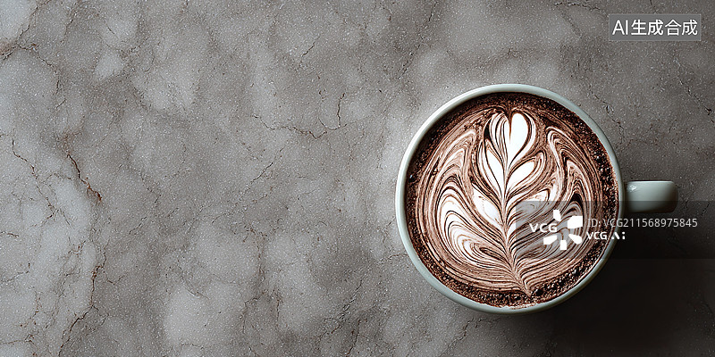 【AI数字艺术】摩卡慕斯拉花咖啡杯高角度生活方式背景图片素材