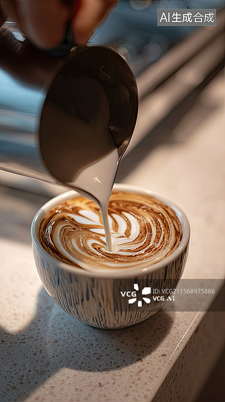 【AI数字艺术】摩卡慕斯拉花咖啡杯高角度生活方式背景图片素材