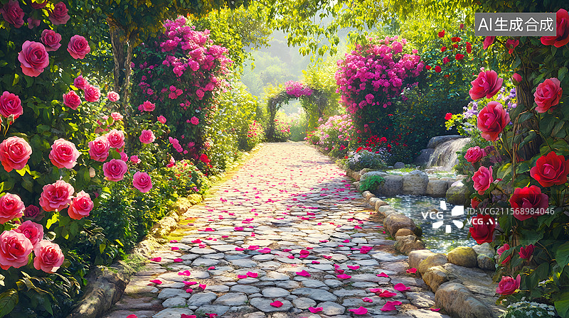 【AI数字艺术】AIGC：花园里盛开的蔷薇花，唯美自然风光 背景壁纸图片素材