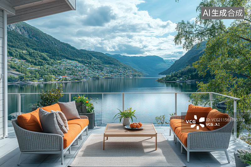 【AI数字艺术】湖景别墅，阳台上摆放的沙发和茶几图片素材