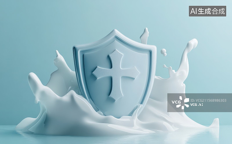 【AI数字艺术】3D渲染水飞溅起来围着带有十字架的盾牌，医疗免疫增强保护力科技感金融安全防护概念图片素材