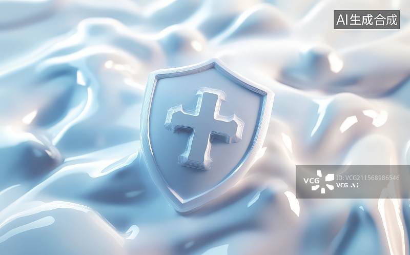 【AI数字艺术】3D渲染水飞溅起来围着带有十字架的盾牌，医疗免疫增强保护力科技感金融安全防护概念图片素材
