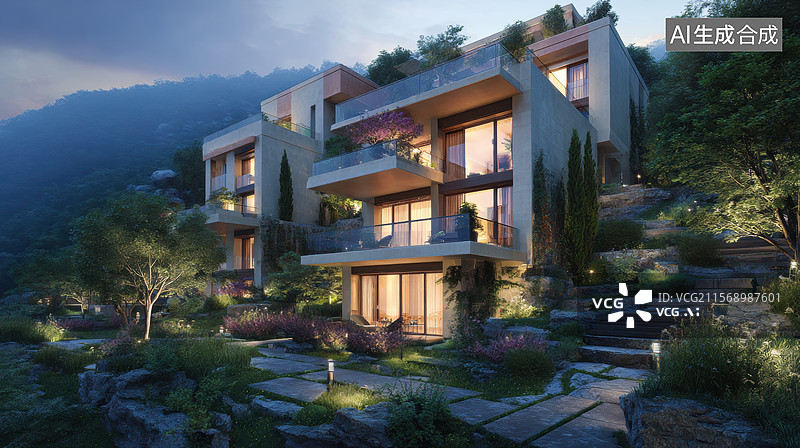 【AI数字艺术】现代山地别墅夜景图片素材