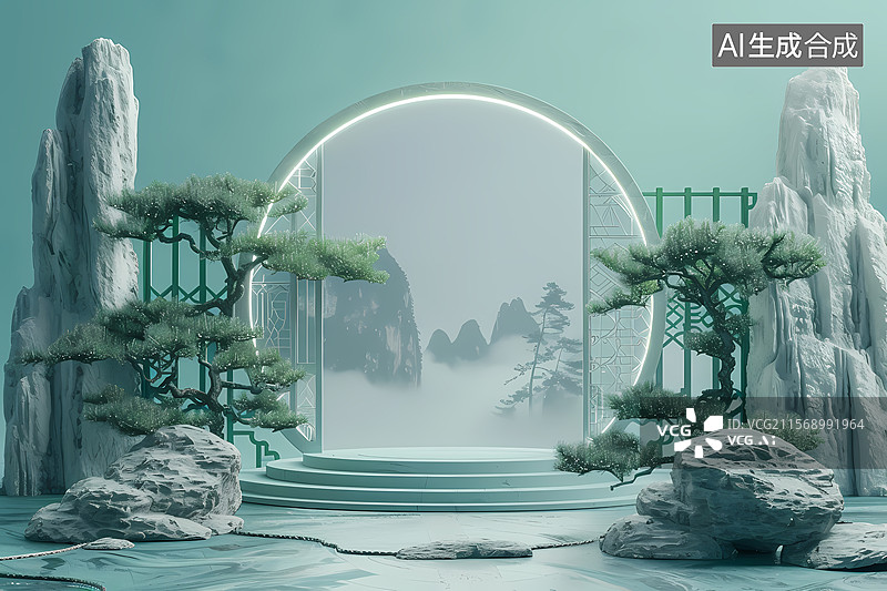 【AI数字艺术】中式景观，圆形拱门与松图片素材