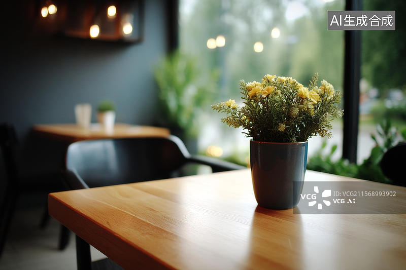 【AI数字艺术】温馨咖啡馆室内黄色花卉装饰图片素材
