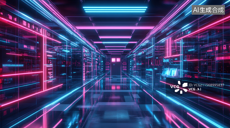 【AI数字艺术】赛博朋克科技感室内空间背景图片素材