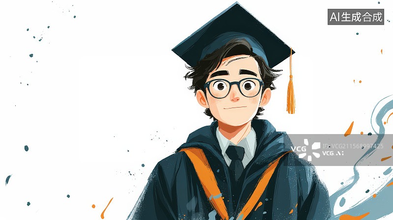 【AI数字艺术】穿戴学士服学士帽的一个戴黑框眼镜的大学生男孩图片素材