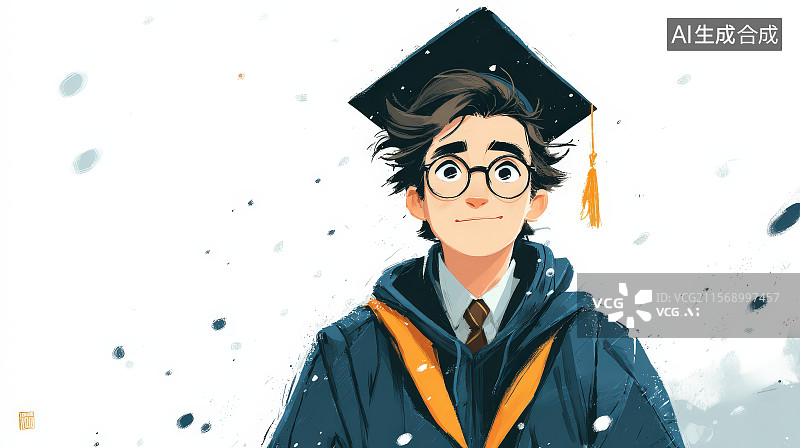 【AI数字艺术】穿戴学士服学士帽的一个戴黑框眼镜的大学生男孩图片素材