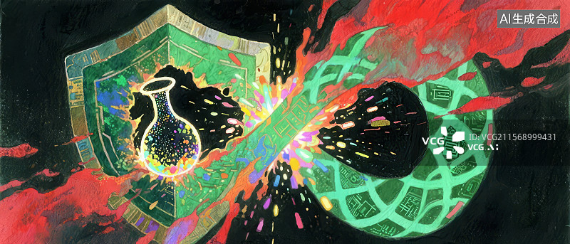 【AI数字艺术】盾牌与能量碰撞的抽象艺术图片素材