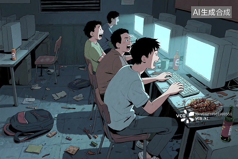 【AI数字艺术】关爱校园青少年健康学生沉迷网吧电脑网络游戏图片素材