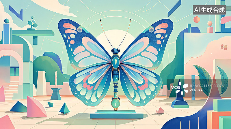 【AI数字艺术】蝴蝶雕塑在几何城市景观中图片素材