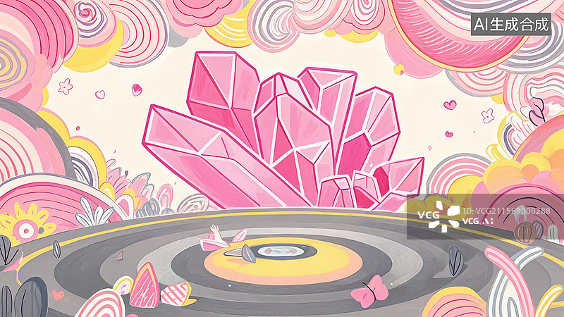 【AI数字艺术】粉色水晶与黑胶唱片的梦幻场景图片素材