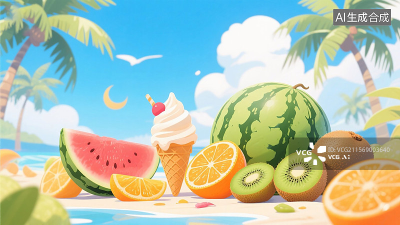 【AI数字艺术】夏日海滩水果冰淇淋图片素材