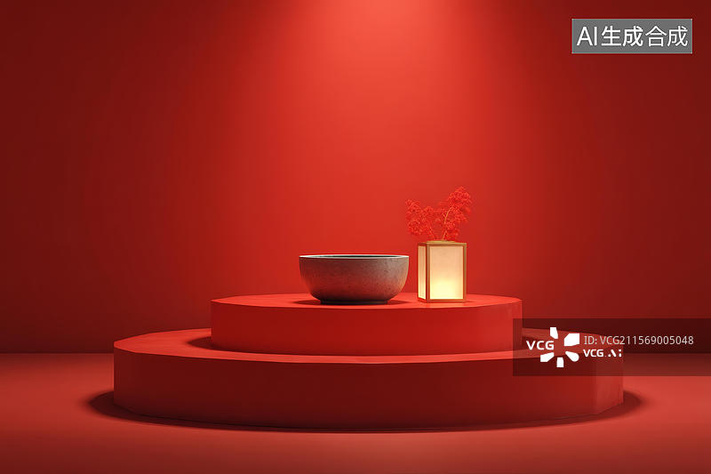【AI数字艺术】红色背景极简产品展示台图片素材