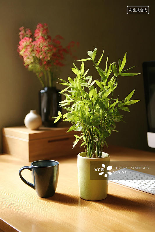【AI数字艺术】木桌上的盆栽植物图片素材