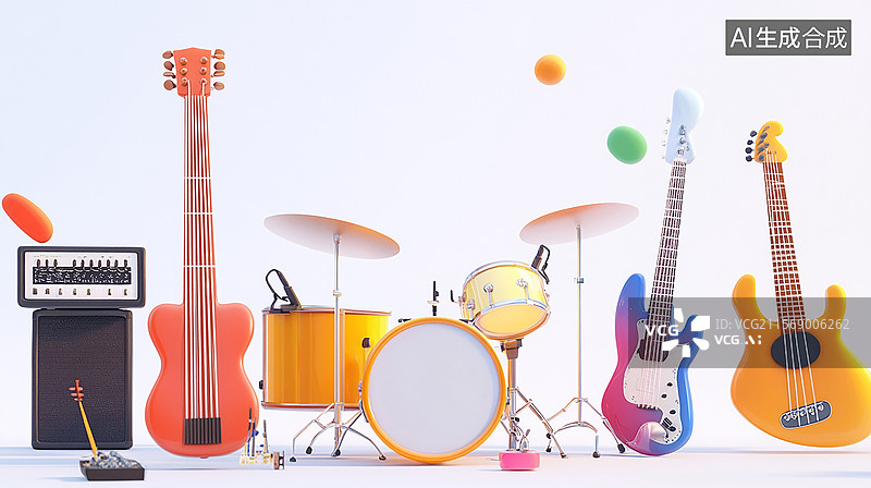 【AI数字艺术】音乐节，各种乐队乐器3d插画图片素材