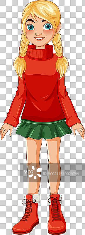 穿着红色毛衣和靴子的微笑女孩图片素材