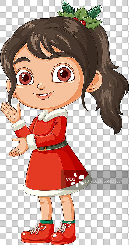 穿着节日服装的微笑女孩与冬青装饰图片素材