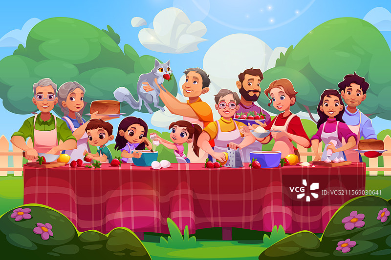 大家庭或朋友们在户外一起烹饪图片素材