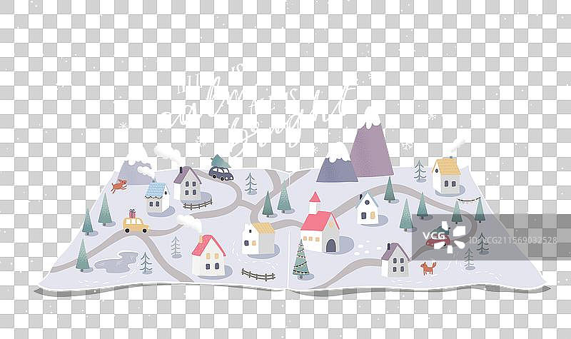 可爱的手绘冬季风景与可爱的小房子图片素材