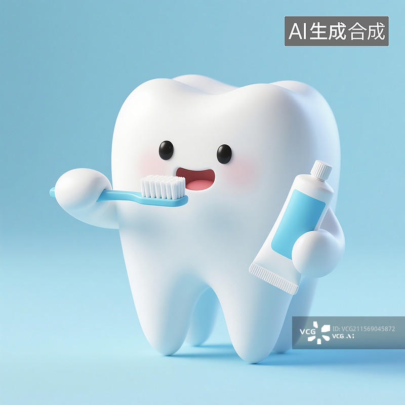 【AI数字艺术】3D渲染可爱的卡通牙齿，拿着牙刷牙膏的拟人牙齿，漱口，牙齿清洁，保护牙齿图片素材
