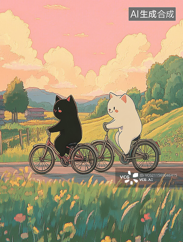 【AI数字艺术】漫画田间小路上两只骑自行车的熊图片素材
