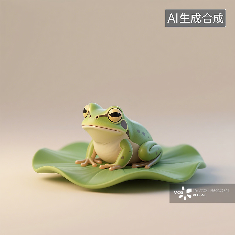 【AI数字艺术】3D渲染卡通动物，荷叶上的小青蛙，夏天，青蛙图片素材