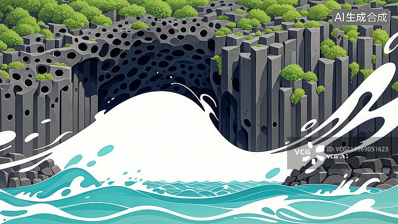 【AI数字艺术】海浪冲击玄武岩柱景观图片素材