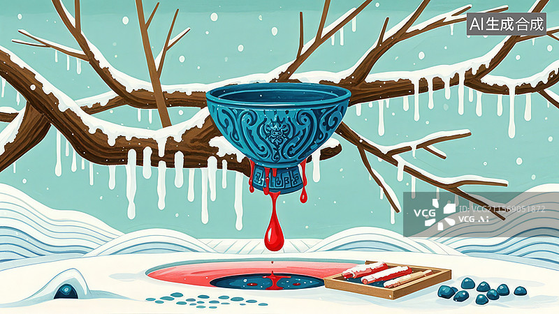 【AI数字艺术】冬日雪景中的神秘蓝碗与红色液体图片素材