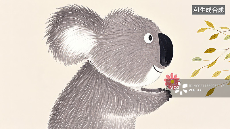 【AI数字艺术】可爱的考拉抱着一朵花图片素材