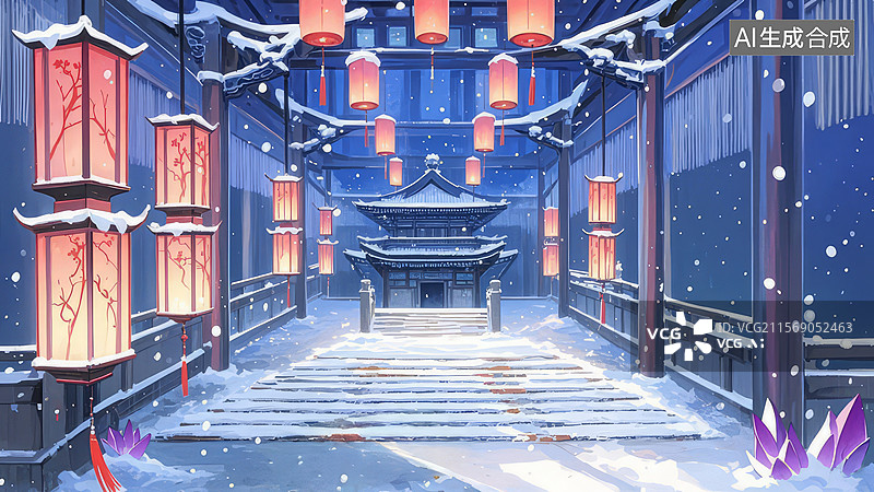 【AI数字艺术】雪夜下的古风街道图片素材