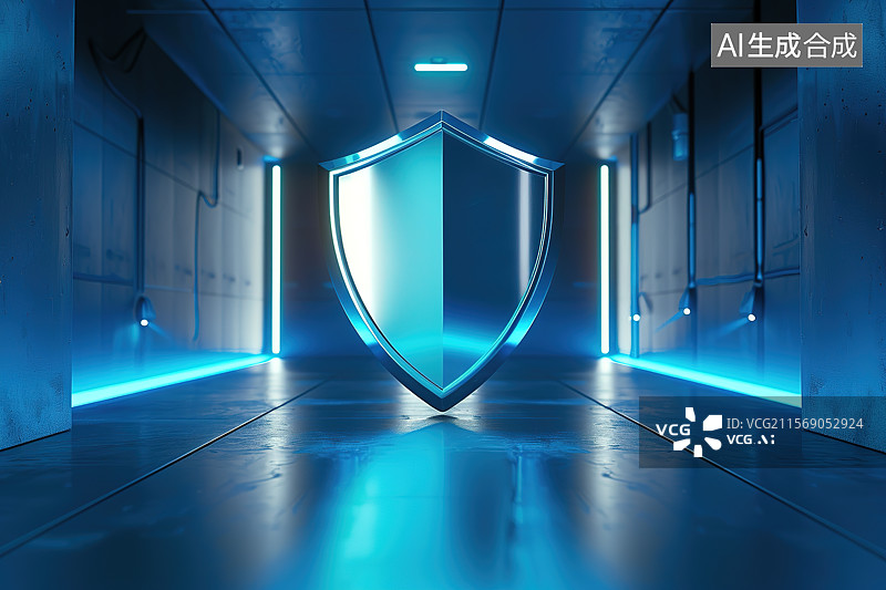 【AI数字艺术】安全盾盾牌蓝色室内空间金属科技背景图片素材