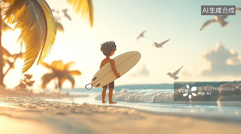 【AI数字艺术】卡通风格站在沙滩上的冲浪少年插画图片素材