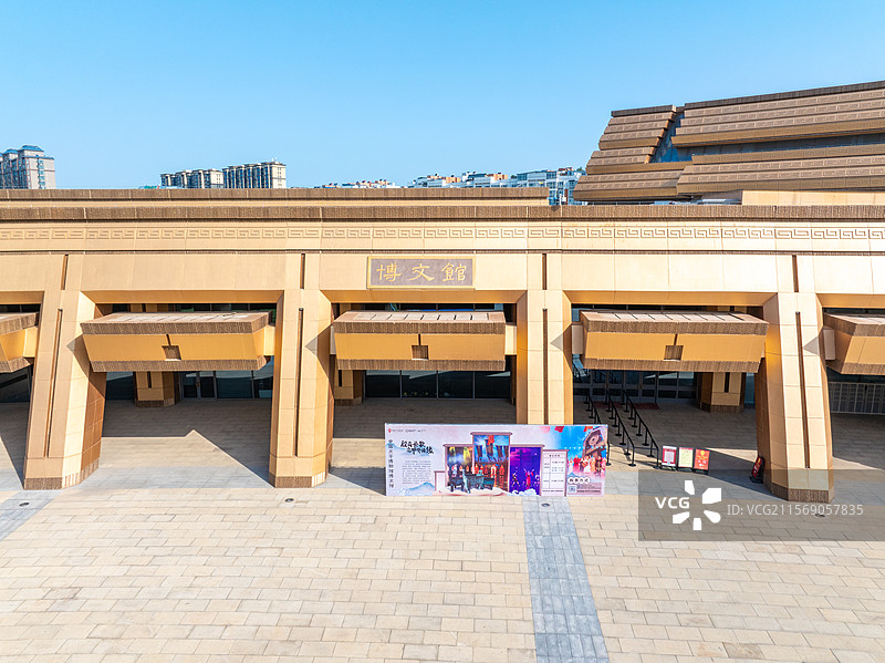 航拍夏天清晨蓝天下无人的河南安阳市中国文字博物馆风景图片素材