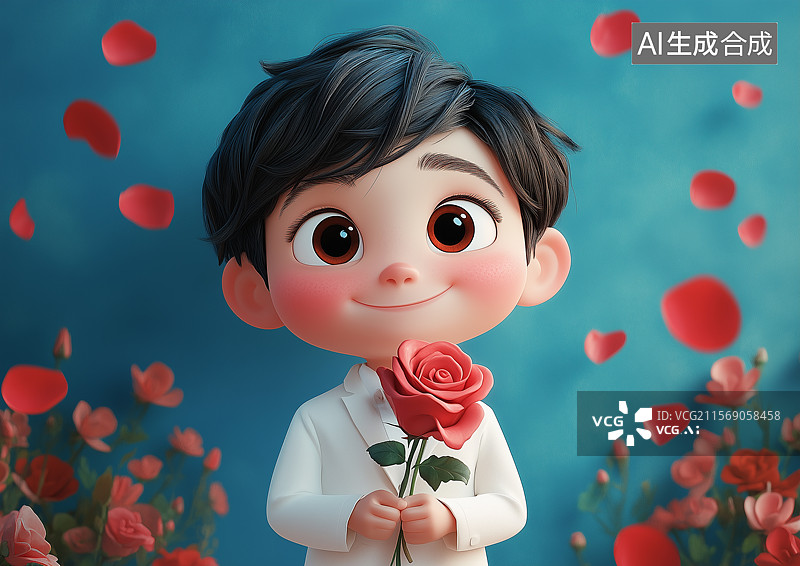 【AI数字艺术】手拿玫瑰花的3D卡通新郎图片素材