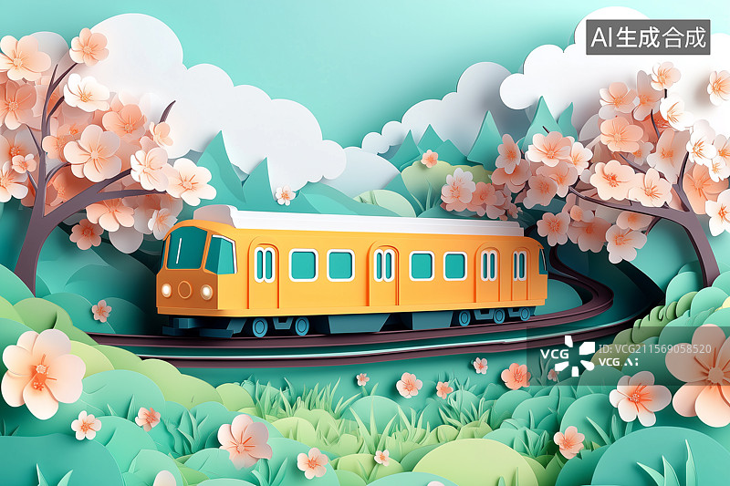【AI数字艺术】折纸风格火车行驶在铁轨上图片素材