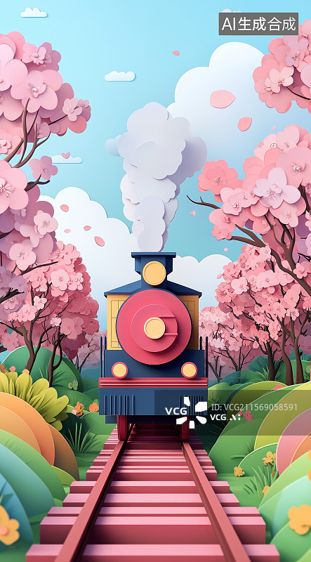 【AI数字艺术】折纸风格火车行驶在铁轨上图片素材