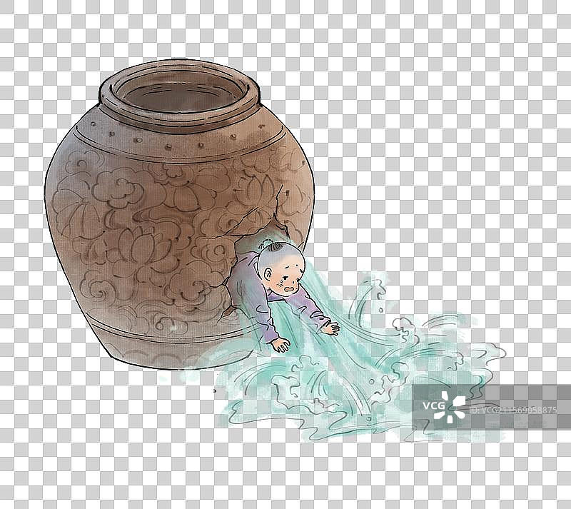 司马光砸缸儿童从破损水缸瓮里获救水墨插画图片素材