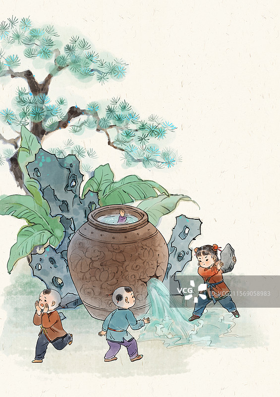 历史典故司马光砸缸动作1司马光砸缸水墨插画图片素材