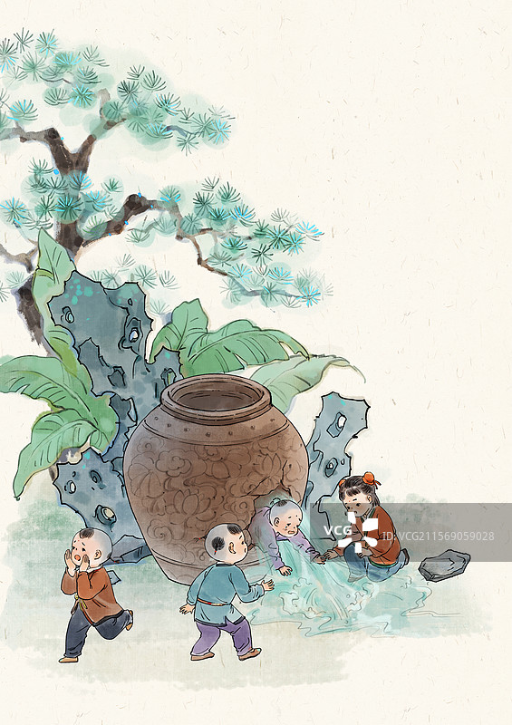 历史典故司马光砸缸动作2儿童溺水获救水墨插画图片素材