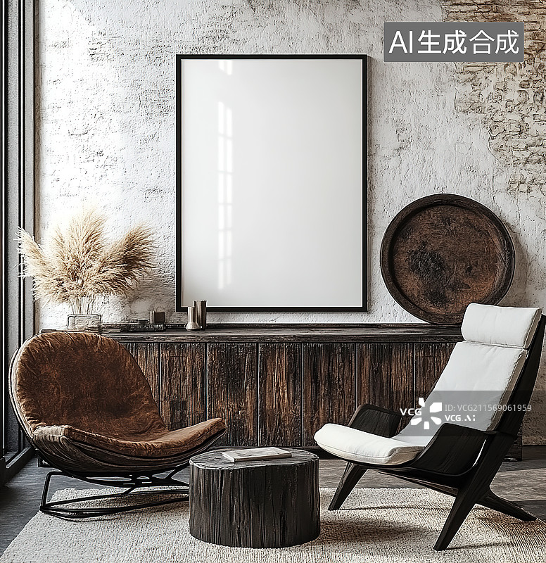 【AI数字艺术】现代乡村客厅空画框模型图片素材