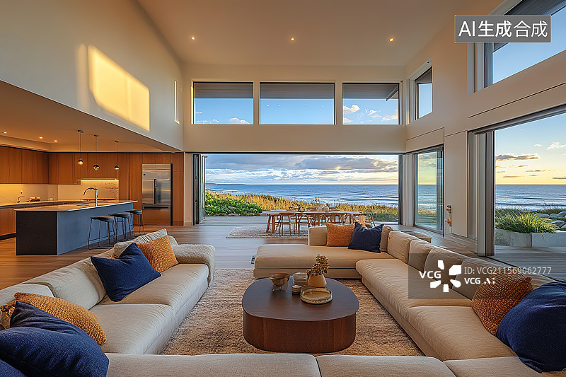 【AI数字艺术】现代海滨客厅，无敌海景图片素材