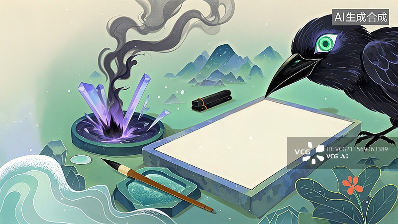 【AI数字艺术】乌鸦与水晶的神秘场景图片素材