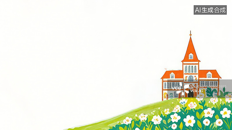 【AI数字艺术】橙色城堡与白色花朵的风景图片素材