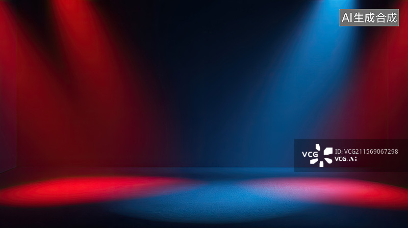 【AI数字艺术】剧院内舞台与灯光娱乐节目抽象几何时尚红色蓝色新年节日购物节科技年会未来派设计商业海报汽车广告背景图片素材