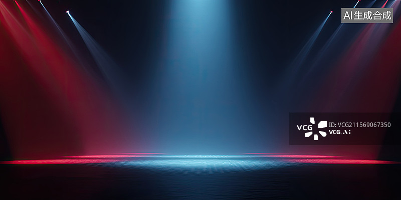 【AI数字艺术】剧院内舞台与灯光娱乐节目抽象几何时尚红色蓝色新年节日购物节科技年会未来派设计商业海报汽车广告背景图片素材