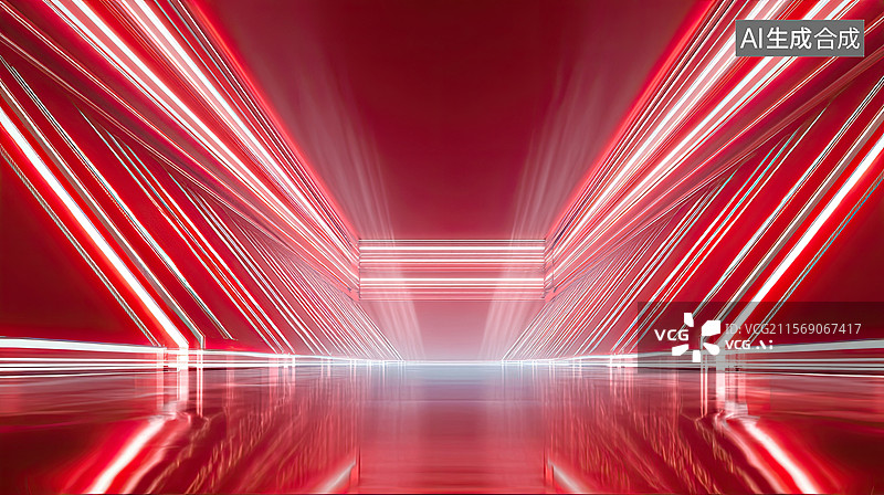 【AI数字艺术】剧院内舞台与灯光娱乐节目抽象几何喜庆时尚红色背景新年节日购物节和年会的未来派设计商业海报汽车广告背景图片素材