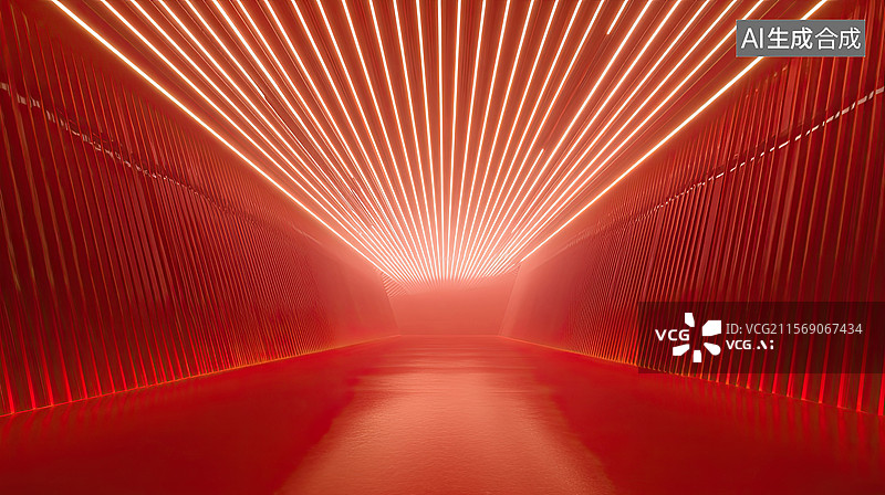 【AI数字艺术】剧院内舞台与灯光娱乐节目抽象几何喜庆时尚红色背景新年节日购物节和年会的未来派设计商业海报汽车广告背景图片素材